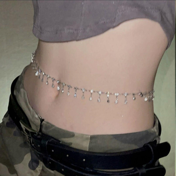 Колан за талия с кристали и пискюл | метал, дължина 80–100 см, ширина 1 см, стил универсален, сезон лято