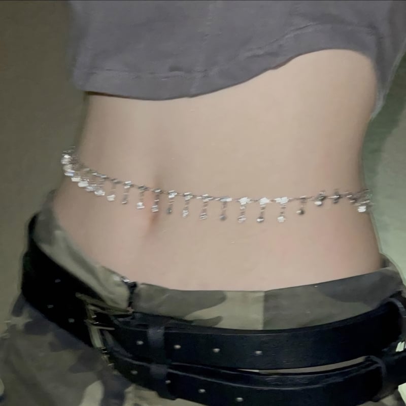 Колан за талия с кристали и пискюл | метал, дължина 80–100 см, ширина 1 см, стил универсален, сезон лято