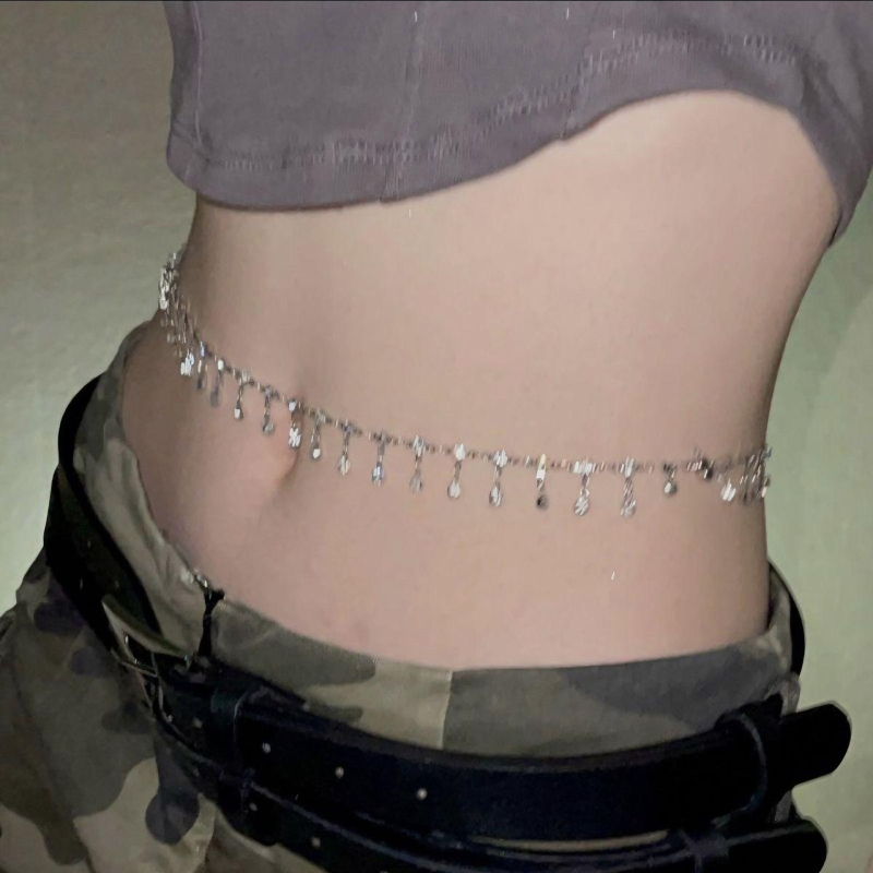 Колан за талия с кристали и пискюл | метал, дължина 80–100 см, ширина 1 см, стил универсален, сезон лято