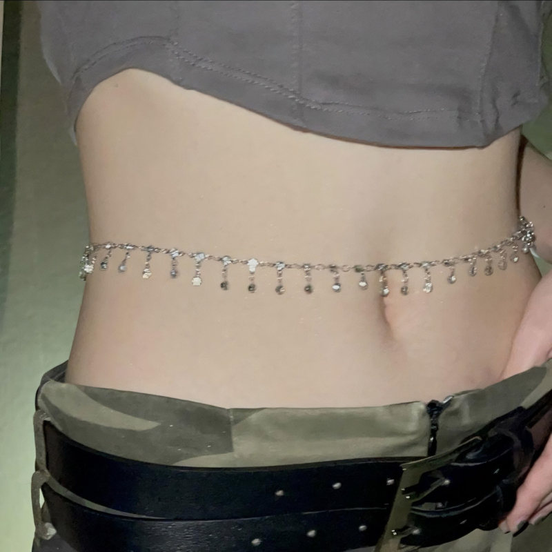 Колан за талия с кристали и пискюл | метал, дължина 80–100 см, ширина 1 см, стил универсален, сезон лято