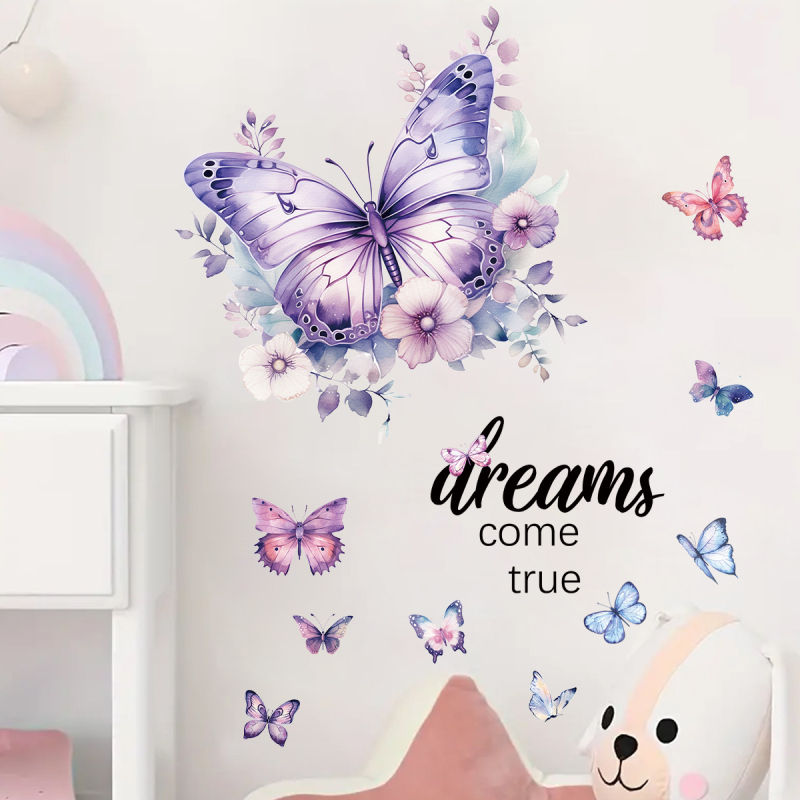 Самозалепващ стенен стикер с пеперуда - PVC, карикатурен анимационен мотив, плосък стил, 1 брой за дневна, спалня и антре