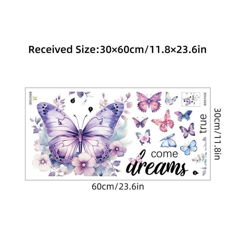 Самозалепващ стенен стикер с пеперуда - PVC, карикатурен анимационен мотив, плосък стил, 1 брой за дневна, спалня и антре