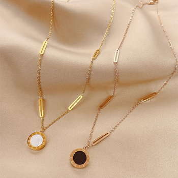 Колие от титаниева стомана с кръстосана верига и двулицев диск с римски цифри, за жени, ретро стил, електроплатинация