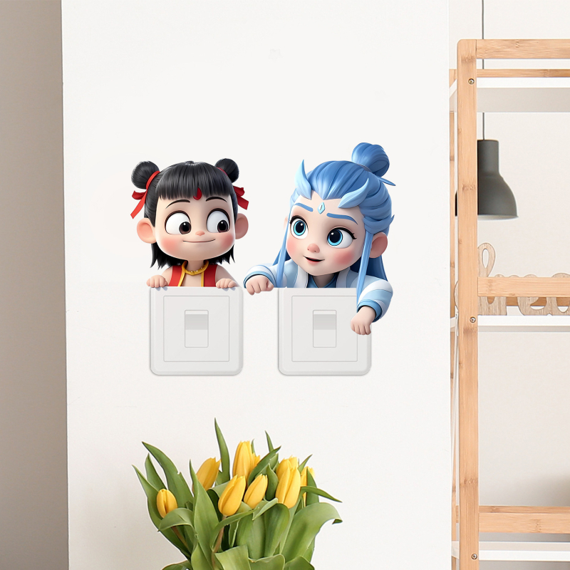 Флуоресцентен стенен стикер с Нежа и Ао Бинг – PVC декоративен стикер за всекидневна и спалня (1 бр.)