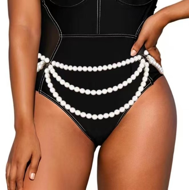 Талияна верижка с имитационни перли, женска, дължина 100 см, ширина под 2 см, единична лента, стил свободен