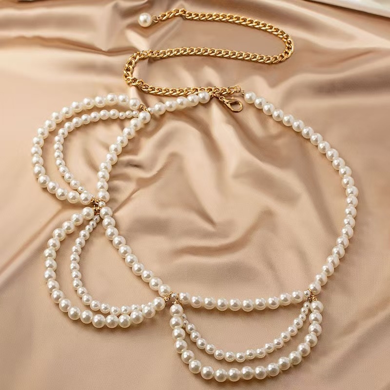 Талияна верижка с имитационни перли, женска, дължина 100 см, ширина под 2 см, единична лента, стил свободен