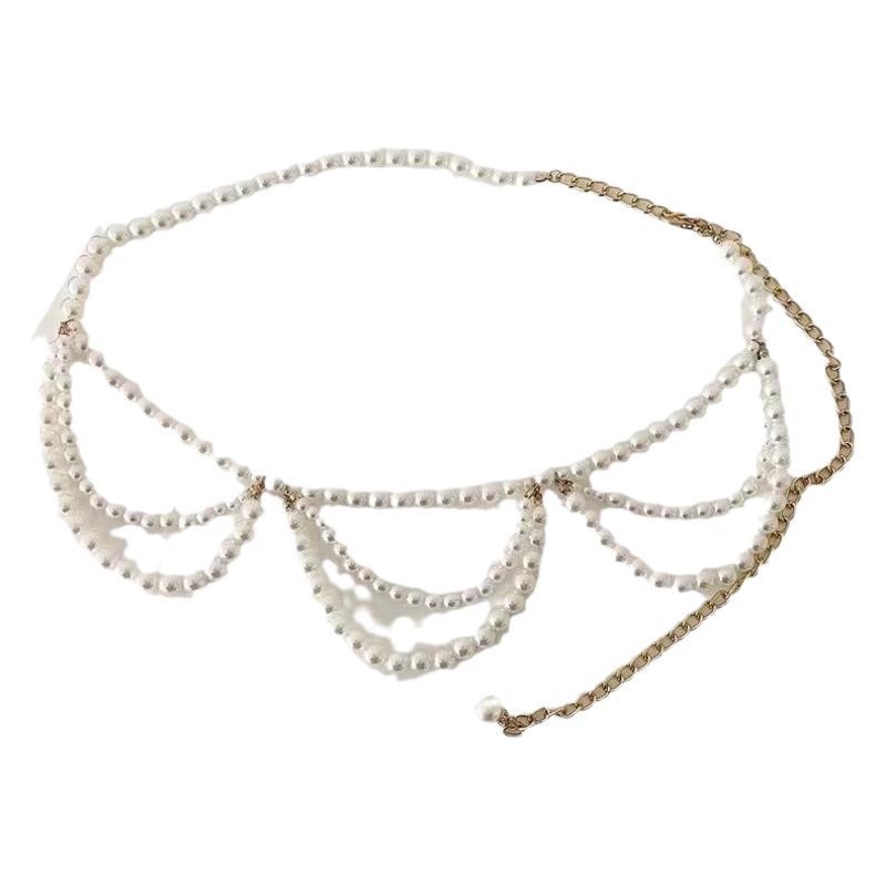 Талияна верижка с имитационни перли, женска, дължина 100 см, ширина под 2 см, единична лента, стил свободен