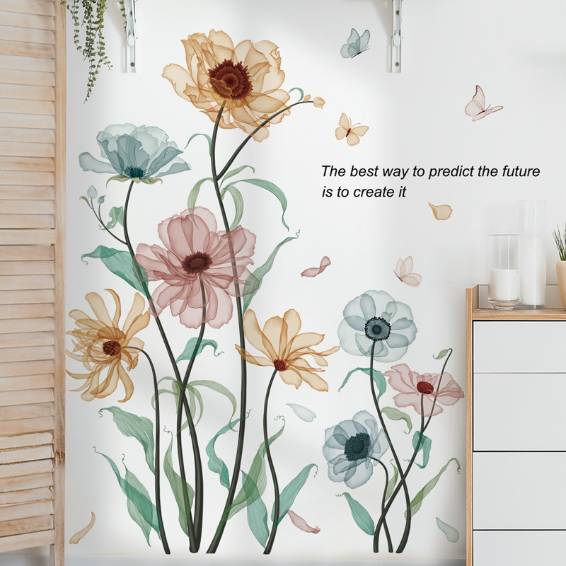 Стенен стикер с растителни цветя – водоустойчив самозалепващ декор за дневна и баня, PVC материал, 1 бр.