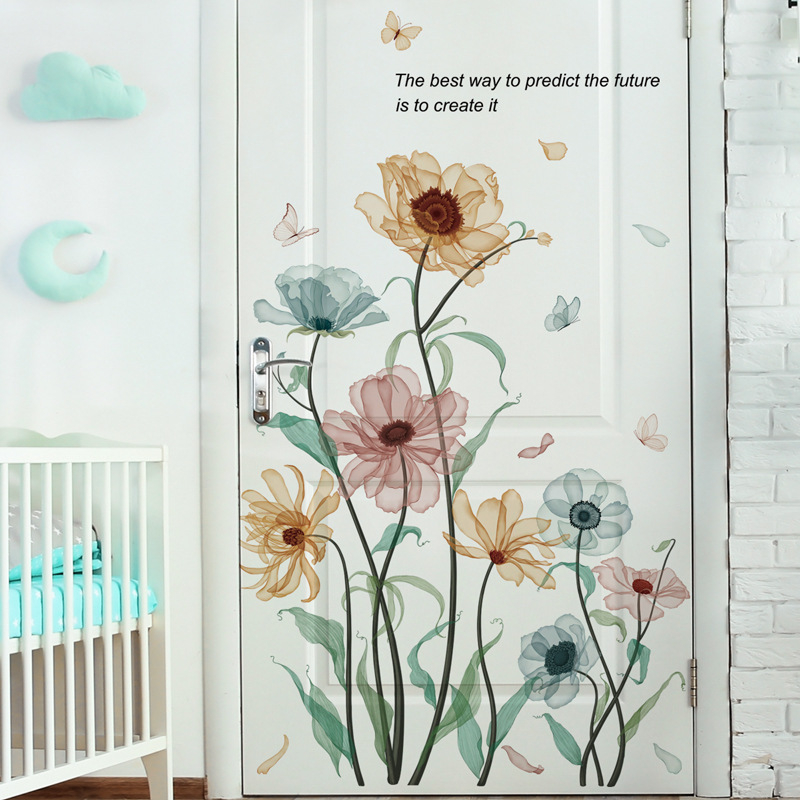 Стенен стикер с растителни цветя – водоустойчив самозалепващ декор за дневна и баня, PVC материал, 1 бр.