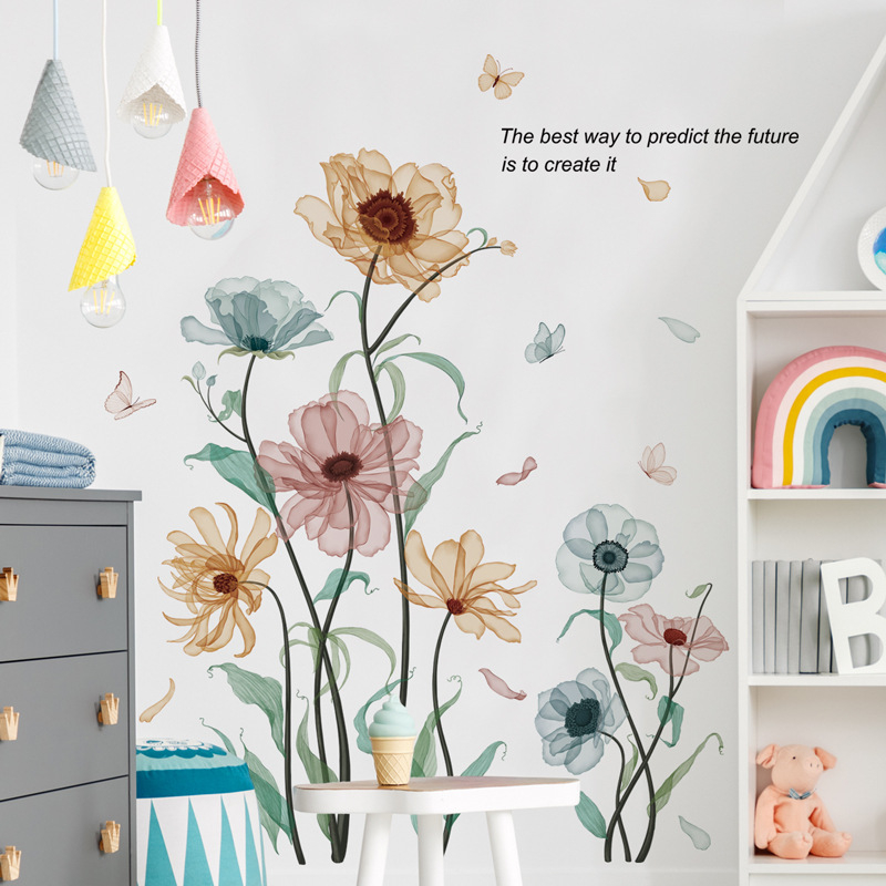 Стенен стикер с растителни цветя – водоустойчив самозалепващ декор за дневна и баня, PVC материал, 1 бр.