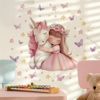 PVC самозалепващ стенен стикер, водоустойчив; мотиви: пеперуда, гирлянда, еднорог, карикатурни герои; за дневна, спалня и антре; 1 бр