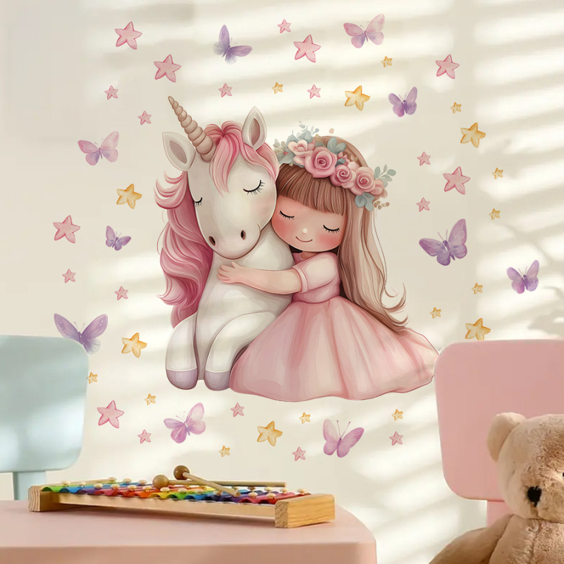 PVC самозалепващ стенен стикер, водоустойчив; мотиви: пеперуда, гирлянда, еднорог, карикатурни герои; за дневна, спалня и антре; 1 бр