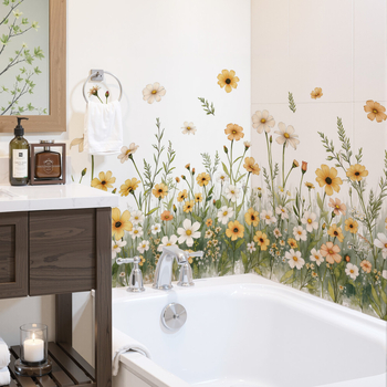 Стикер за стена – Daisy растение с пеперуди, водоустойчив PVC, 1 бр., плосък дизайн, подходящ за дневна или спалня