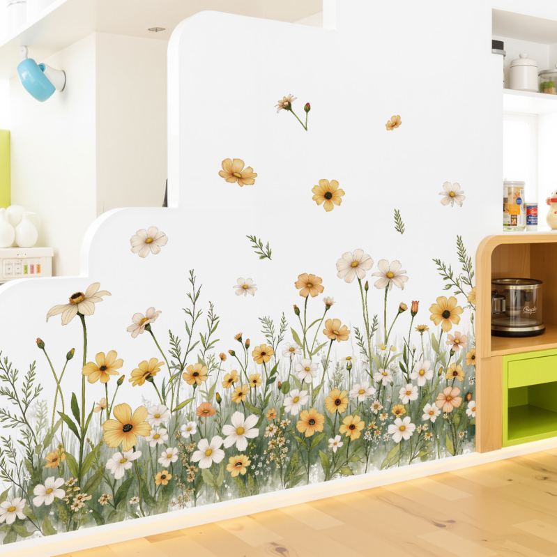 Стикер за стена – Daisy растение с пеперуди, водоустойчив PVC, 1 бр., плосък дизайн, подходящ за дневна или спалня