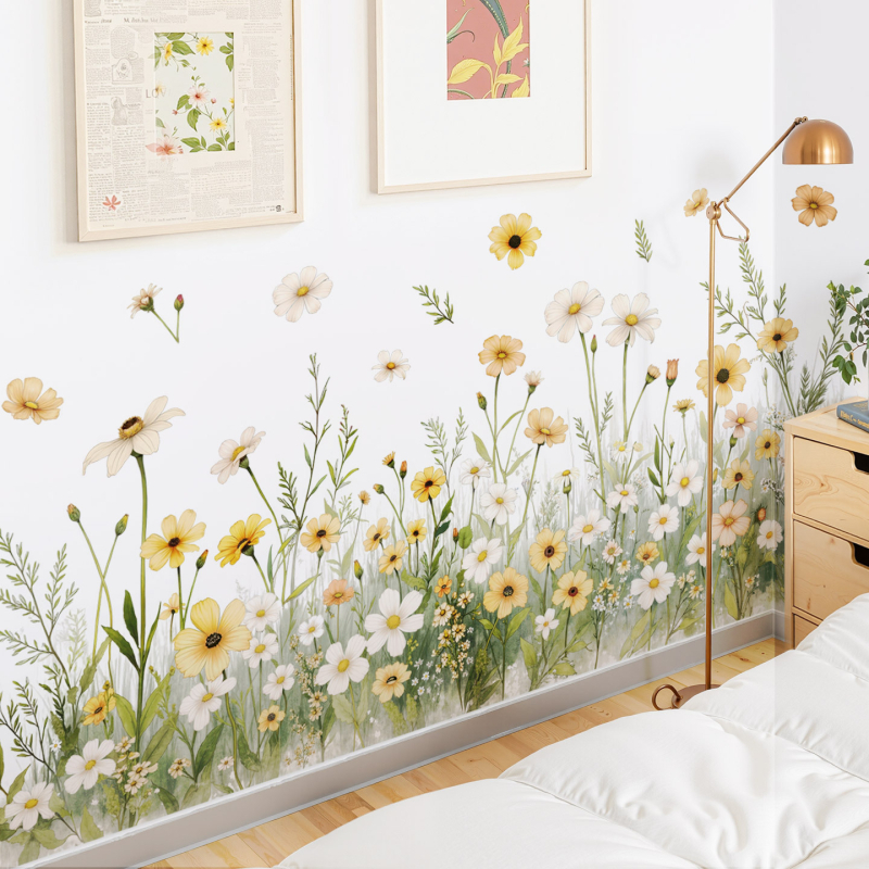 Стикер за стена – Daisy растение с пеперуди, водоустойчив PVC, 1 бр., плосък дизайн, подходящ за дневна или спалня