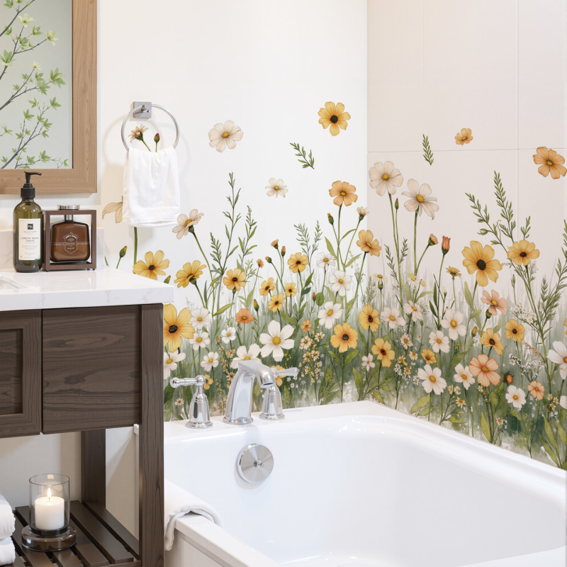 Стикер за стена – Daisy растение с пеперуди, водоустойчив PVC, 1 бр., плосък дизайн, подходящ за дневна или спалня