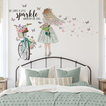 Стенен стикер: Карикатура — момиче с пеперуда – PVC, водоустойчив, модел 60682086, за дневна, спалня, кабинет, антре