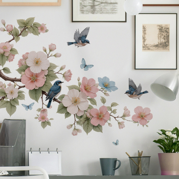 Sticker de perete PVC impermeabil, cu flori Magnolia și păsări, autoadeziv, plat, 1 bucată, destinat living, dormitor, hol și spații comerciale, stil modern minimalist