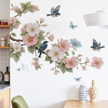 Sticker de perete PVC impermeabil, cu flori Magnolia și păsări, autoadeziv, plat, 1 bucată, destinat living, dormitor, hol și spații comerciale, stil modern minimalist