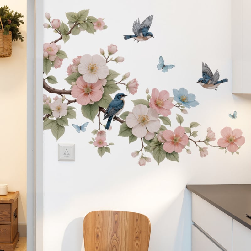 Sticker de perete PVC impermeabil, cu flori Magnolia și păsări, autoadeziv, plat, 1 bucată, destinat living, dormitor, hol și spații comerciale, stil modern minimalist