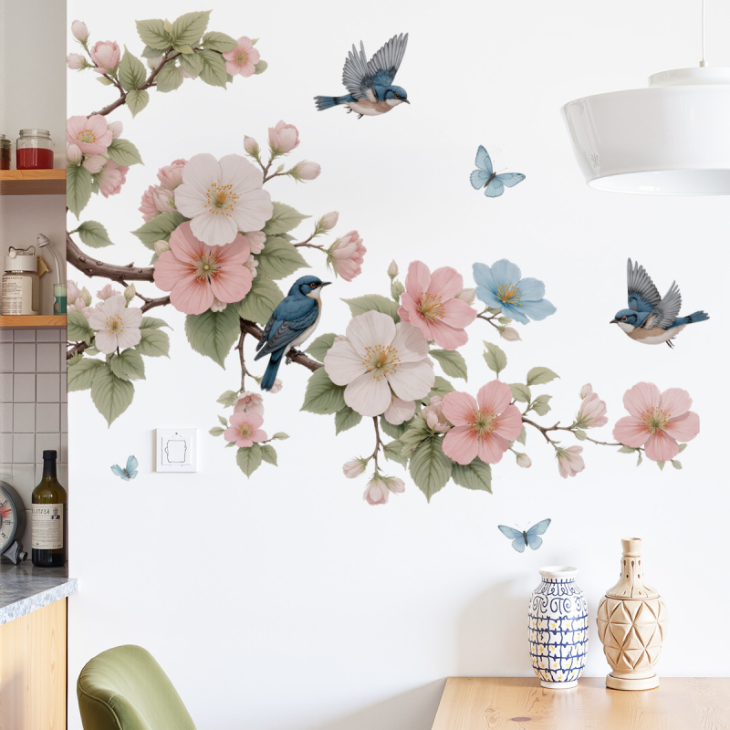 Sticker de perete PVC impermeabil, cu flori Magnolia și păsări, autoadeziv, plat, 1 bucată, destinat living, dormitor, hol și spații comerciale, stil modern minimalist