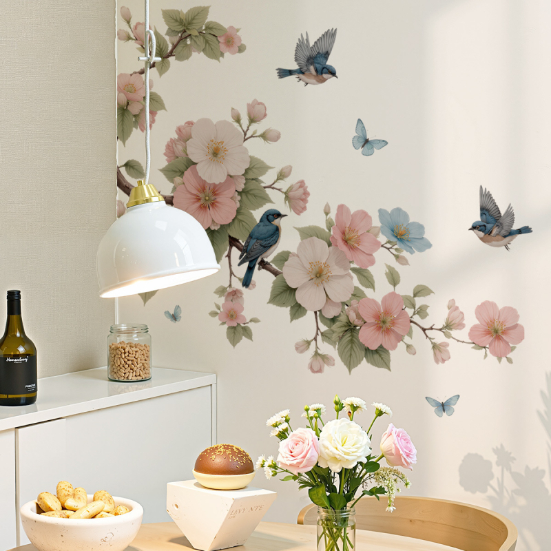 Sticker de perete PVC impermeabil, cu flori Magnolia și păsări, autoadeziv, plat, 1 bucată, destinat living, dormitor, hol și spații comerciale, stil modern minimalist