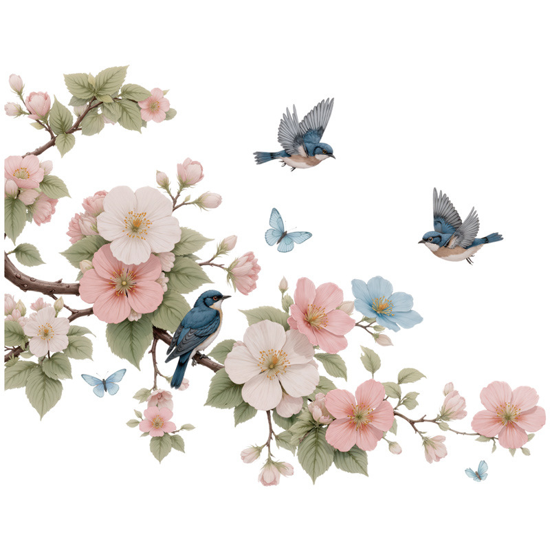 Sticker de perete PVC impermeabil, cu flori Magnolia și păsări, autoadeziv, plat, 1 bucată, destinat living, dormitor, hol și spații comerciale, stil modern minimalist