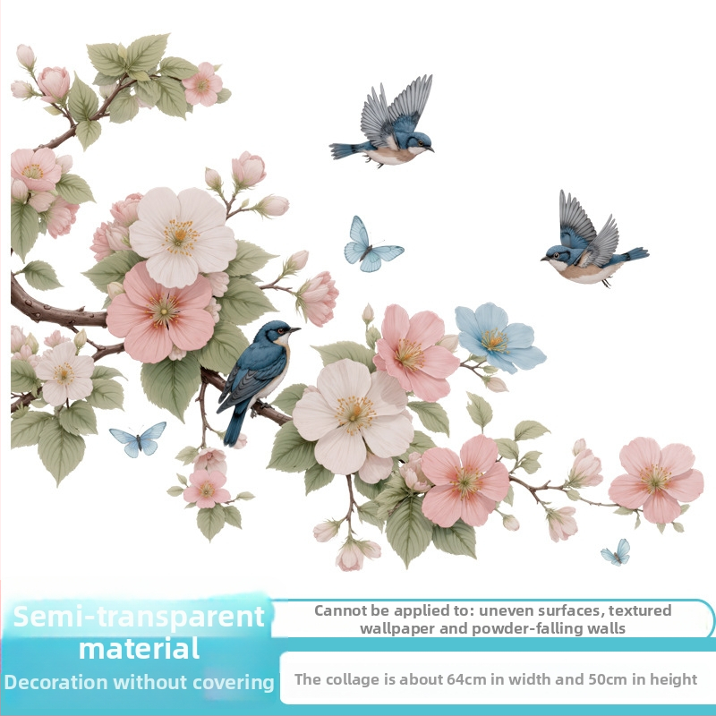 Sticker de perete PVC impermeabil, cu flori Magnolia și păsări, autoadeziv, plat, 1 bucată, destinat living, dormitor, hol și spații comerciale, stil modern minimalist