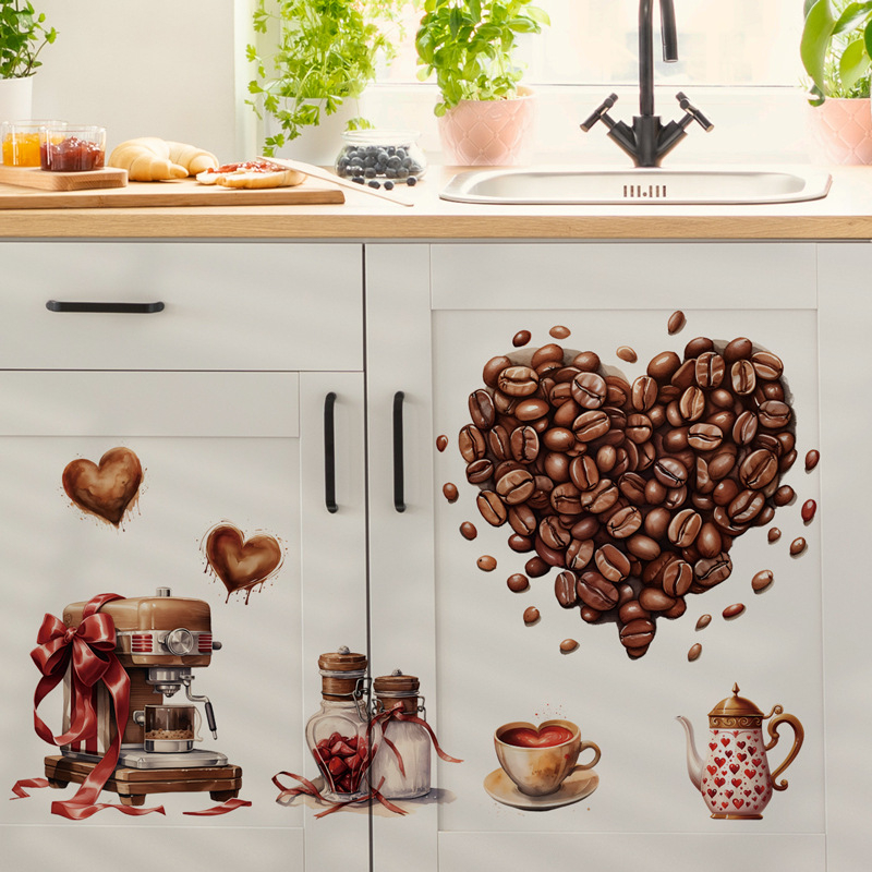 Autocolant de perete Coffee Bean Love – PVC impermeabil, demontare ușoară, decor pentru living și dormitor, stil modern minimalist, plăcuță plată, 1 buc.