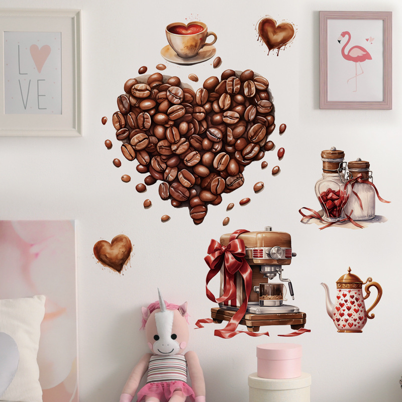 Autocolant de perete Coffee Bean Love – PVC impermeabil, demontare ușoară, decor pentru living și dormitor, stil modern minimalist, plăcuță plată, 1 buc.