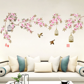 Sticker de perete din PVC cu flori și păsări pe o ramură, autoadeziv, 1 buc., pentru living și dormitor, stil chinezesc clasic