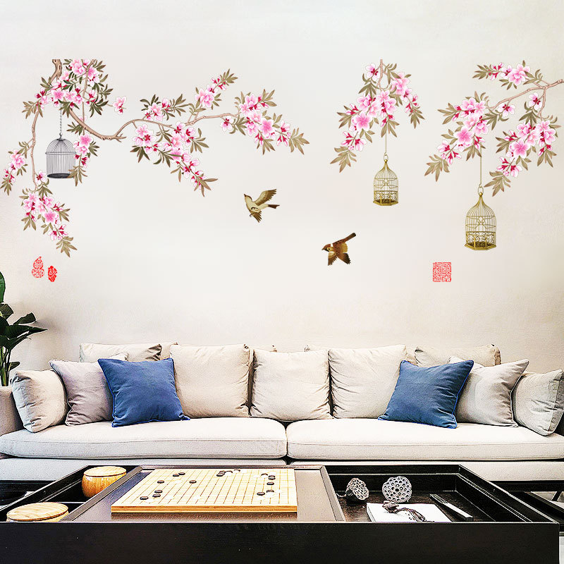 Sticker de perete din PVC cu flori și păsări pe o ramură, autoadeziv, 1 buc., pentru living și dormitor, stil chinezesc clasic