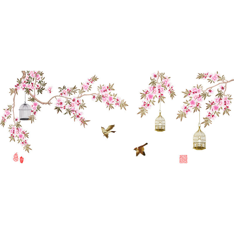 Sticker de perete din PVC cu flori și păsări pe o ramură, autoadeziv, 1 buc., pentru living și dormitor, stil chinezesc clasic