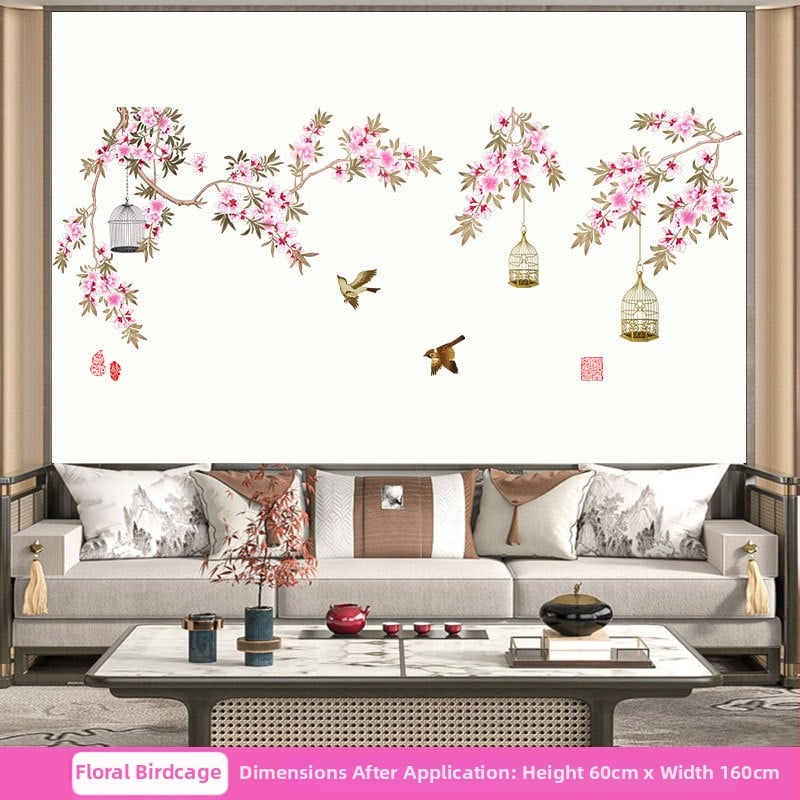 Sticker de perete din PVC cu flori și păsări pe o ramură, autoadeziv, 1 buc., pentru living și dormitor, stil chinezesc clasic