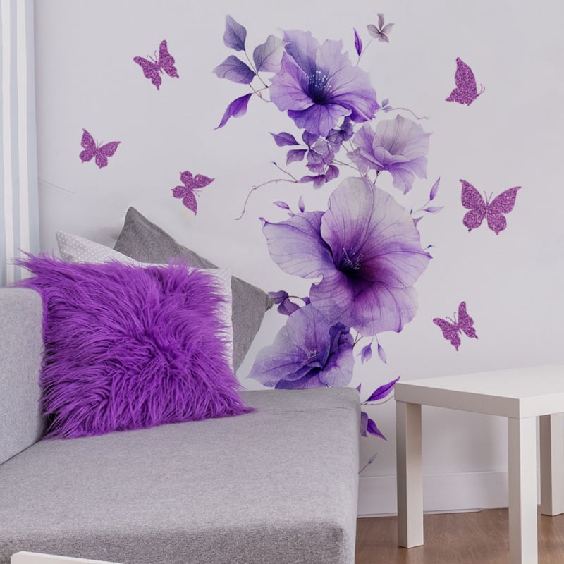 Autocolant decorativ pentru perete cu fluturi și flori | PVC | 1 bucată | pentru living, dormitor, birou | Stil modern minimalist, aspect plat