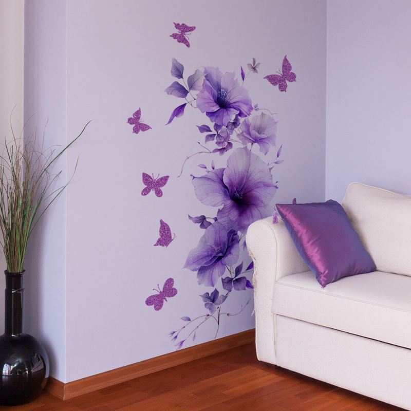 Autocolant decorativ pentru perete cu fluturi și flori | PVC | 1 bucată | pentru living, dormitor, birou | Stil modern minimalist, aspect plat