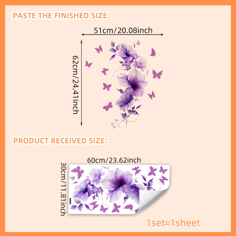 Autocolant decorativ pentru perete cu fluturi și flori | PVC | 1 bucată | pentru living, dormitor, birou | Stil modern minimalist, aspect plat