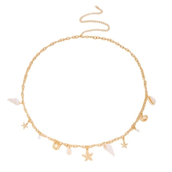 Lant talie boem cu steaua de mare, scoici și perle – aliaj, lungime 80-100 cm, pentru femei, potrivit pentru vară, primăvară, toamnă și iarnă