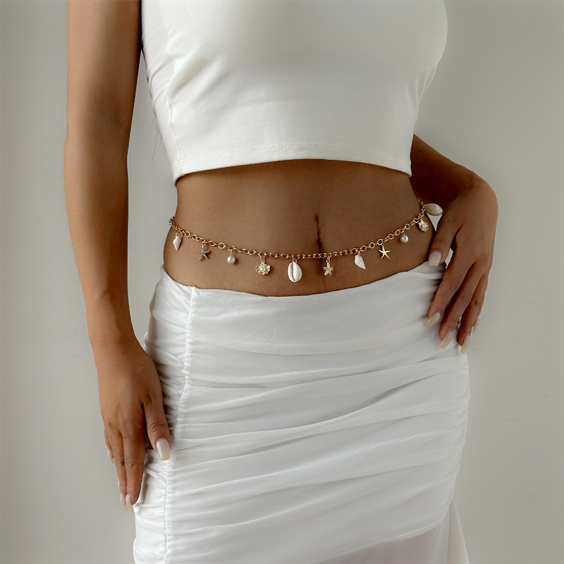 Lant talie boem cu steaua de mare, scoici și perle – aliaj, lungime 80-100 cm, pentru femei, potrivit pentru vară, primăvară, toamnă și iarnă