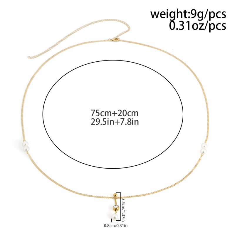 Lant talie pentru corp cu perle artificiale și ciucuri din zirconiu — fier, lanț simplu, lungimi 60–80 cm / 80–100 cm / 100 cm, personalizare disponibilă