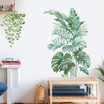 Autocolant decorativ de perete - PVC, model plante cu frunze, pentru living și dormitor, stil modern plat