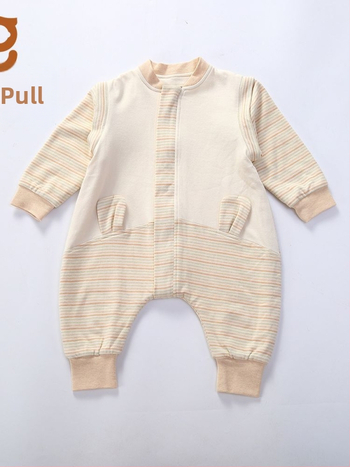 Sac de dormit pentru sugari cu picioare separate, din bumbac dublu strat, mâneci detașabile, model în dungi, fermoar metalic, potrivit pentru iarnă, primăvară și toamnă