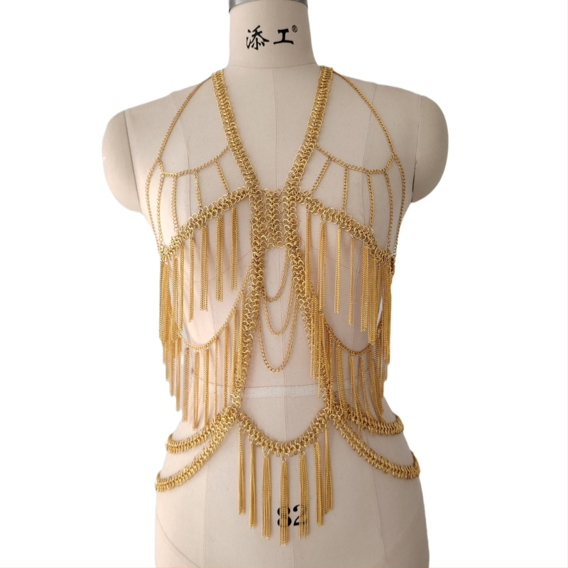 Colier pentru corp pentru femei, pentru plajă și petreceri cu bikini — ciucuri, lanț cu val de apă, aliaj, placare electroplatică, ambalare individuală, stil Fashion OL