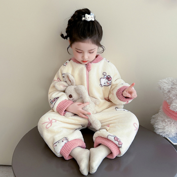 Pijamă din flanel pentru fete, costum dintr-o bucată de iarnă, cu picioare separate și sac de dormit anti-lovire, îmbrăcăminte de casă pentru cățărat, stil prințesă • 100% poliester • vârste 3–8