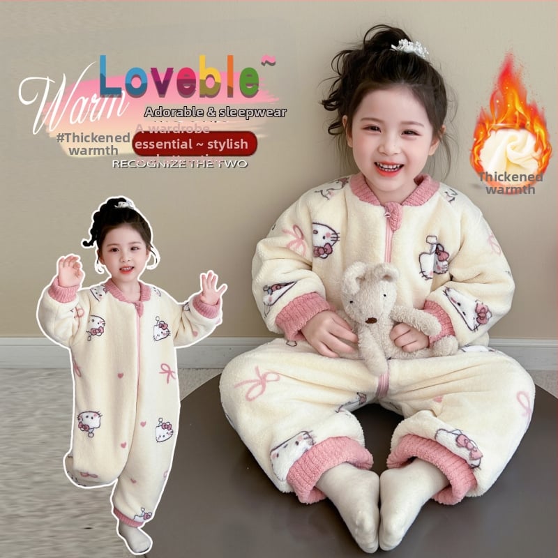 Pijamă din flanel pentru fete, costum dintr-o bucată de iarnă, cu picioare separate și sac de dormit anti-lovire, îmbrăcăminte de casă pentru cățărat, stil prințesă • 100% poliester • vârste 3–8