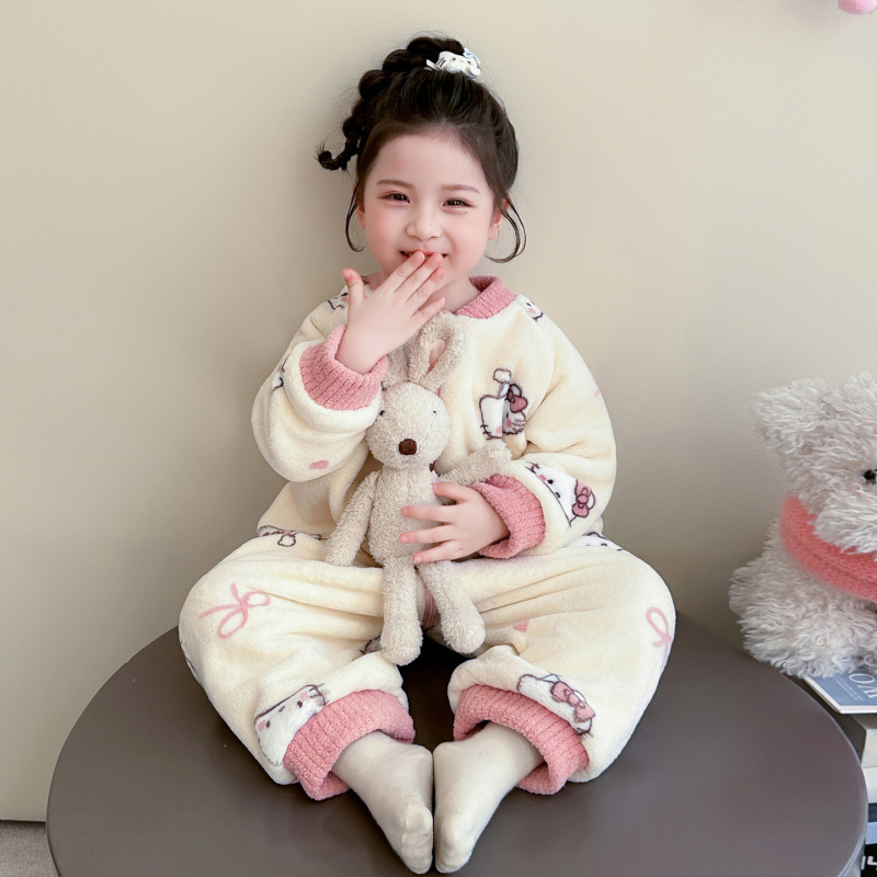 Pijamă din flanel pentru fete, costum dintr-o bucată de iarnă, cu picioare separate și sac de dormit anti-lovire, îmbrăcăminte de casă pentru cățărat, stil prințesă • 100% poliester • vârste 3–8