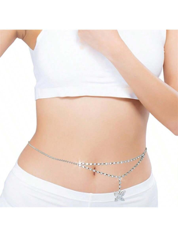 Lanț talie cu cristale în formă de fluture - metal, lungime 110 cm, lățime 0,5 cm