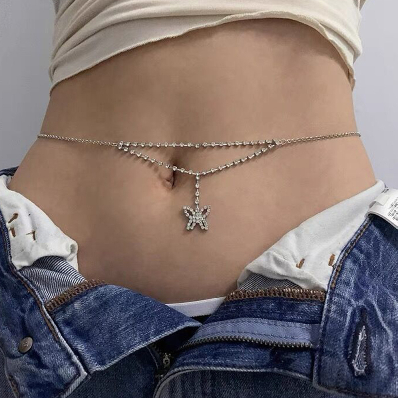 Lanț talie cu cristale în formă de fluture - metal, lungime 110 cm, lățime 0,5 cm