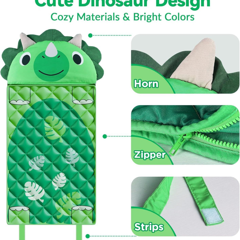 Детски спален чувал с принт динозавър, сгъваема подложка за сън, полиестерна материя, тегло 0.55–1.0 кг, пълнеж от влакна, персонализируем