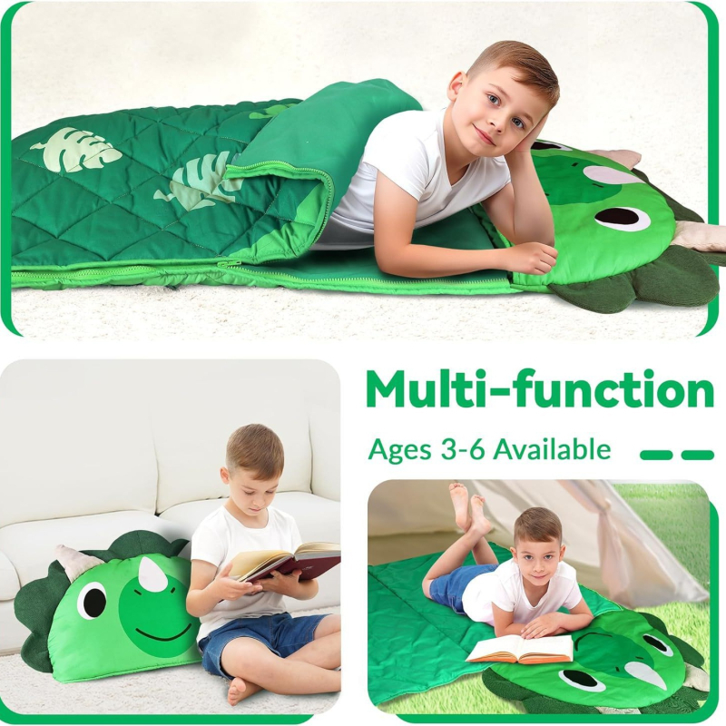 Детски спален чувал с принт динозавър, сгъваема подложка за сън, полиестерна материя, тегло 0.55–1.0 кг, пълнеж от влакна, персонализируем